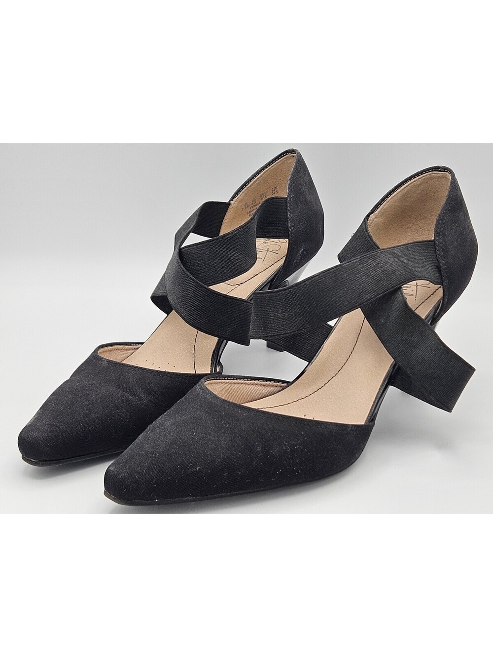 LifeStride Black Fabric Elastic Cross Strap Heels Sz 7.5M